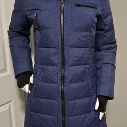 Orolay Womens Small Full Zip Hooded Puffer Down Coat Blue Slant Pocket Slim Fit 