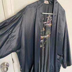 Black Embroidered Vintage  Satin Robe