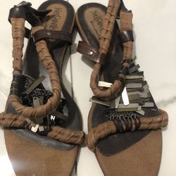 Yves Saint Laurent Brown Canvas and Leather Embellished Flat 