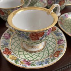 Vintage Dresden / Saxony Hand Painted Floral Porcelain China Tea Cups & Saucers
