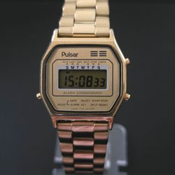 VTG Pulsar Y(contact info removed) Alarm Chronograph Date LCD Digital Gold Tone Watch 8” WORKS