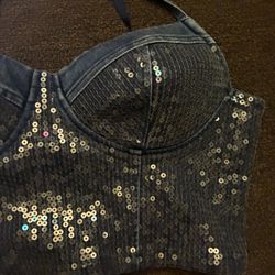 Sequin denim corset top