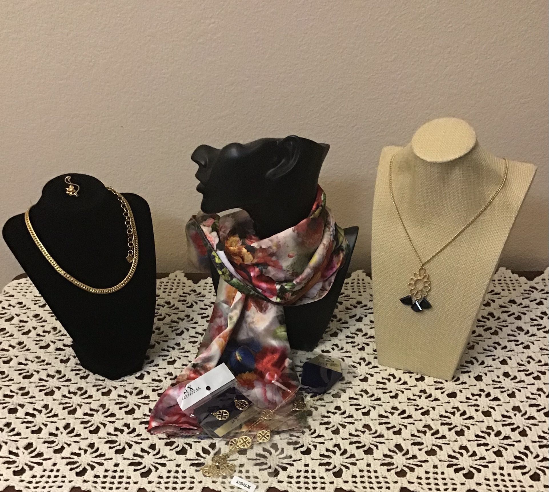 NWT & EUC Jewelry Lot & Floral Scarf.  (3 Necklaces, 1 Earrings, 1 Pin in Gold Toned & 1 Beautiful Floral Scarf 100% Silk)