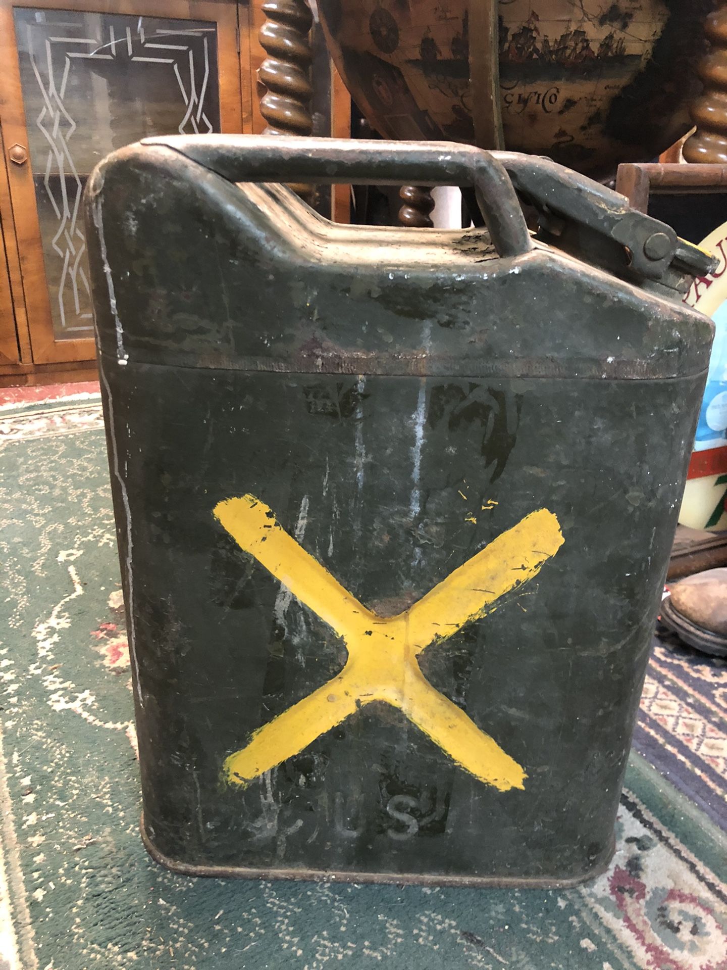 14x7x18 Antique vintage WW2 era military police gas can. 1940s. 35.00. 212 north Main Street Buda 🎅🏼Johanna. Antique furniture sterling silver jewelr