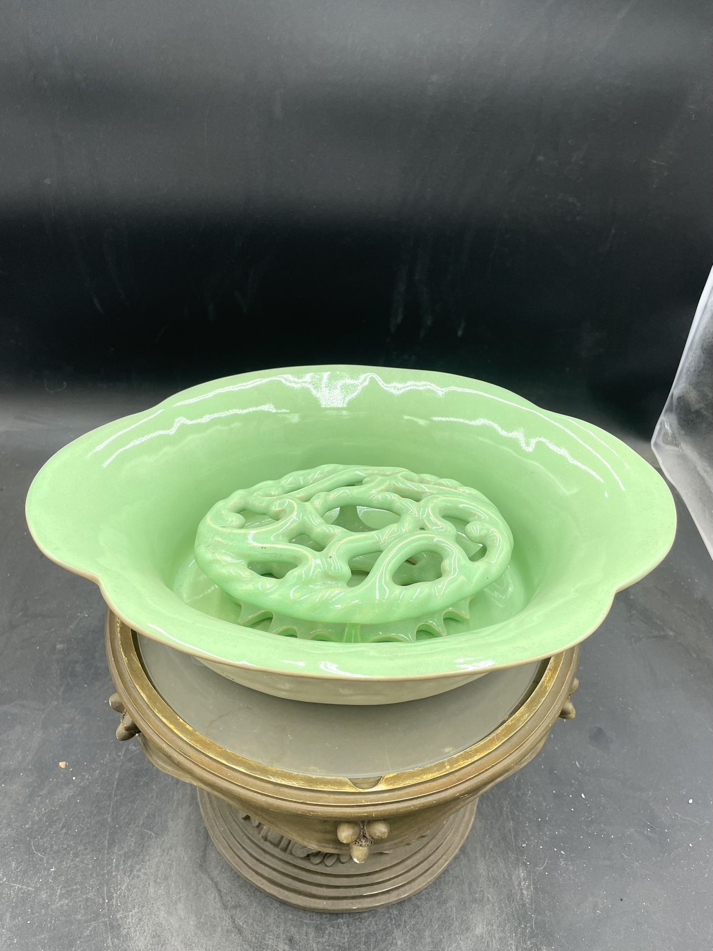 Antique Rare Cowan Pottery 13” Green Planter And Flower Frog