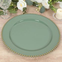 Pack Economy Plastic Charger Plates 13" Round Dusty Sage Green with Gold Beaded Rim - Stylish Dinner Party Serving Plates