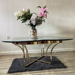  1980s Hollywood Regency Clover Glass Coffee Table – Thick Glass, Gold Base   
