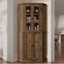 Corner Storage Cabinet, 67" Kitchen Corner Cabinet with Glass Doors, Farmhouse Tall Corner Display Cabinet with Adjustable Shelves for Dining Room, Li