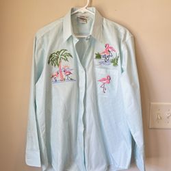 Las Olas Blouse Womens M Blue Striped Button Down Shirt Embroidered Flamingos