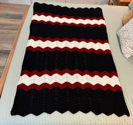 Handmade Cozy Vintage Crochet Throw Blanket in Black, White & Burgundy