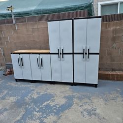 Keter Garage Storage Cabinet Set, 2 tall cabinets, 2 short cabinets, lockable with shelves, Good Condition