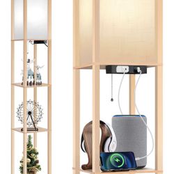 63" Floor Lamp w/ Shelves LED Shelf with 1 USB & Outlet 3 Color Temperature Storage Organizer Wood 