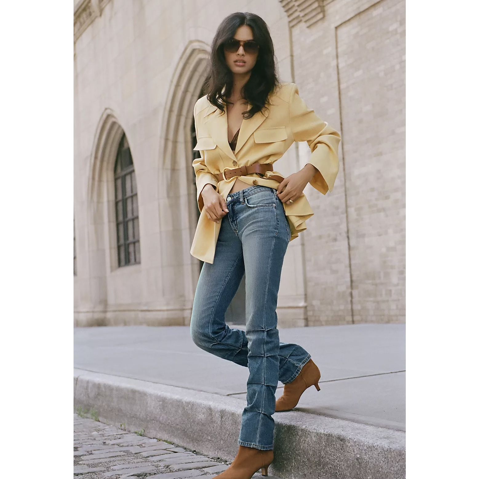 PILCRO Anthropologie Faded Wash Lightweight Low-Rise Ruched Leg Boot Jeans