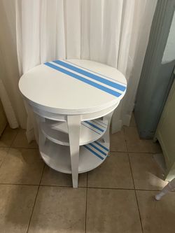 Table wood, painted white blue stripes 3 shelves very heavy