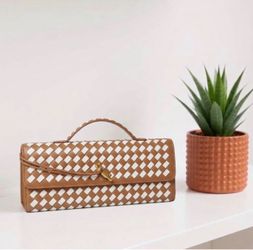 Woven Clutch Purse Brown & White Women Leather Evening Bag Shoulder Handbag  NWT