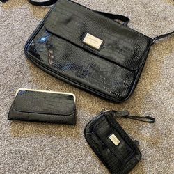 3 Piece Liz Claiborne Black Padded Laptop Bag Briefcase Handbag & Wallet & Wrist Wallet