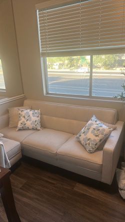 Living Spaces White Couch and Ottoman