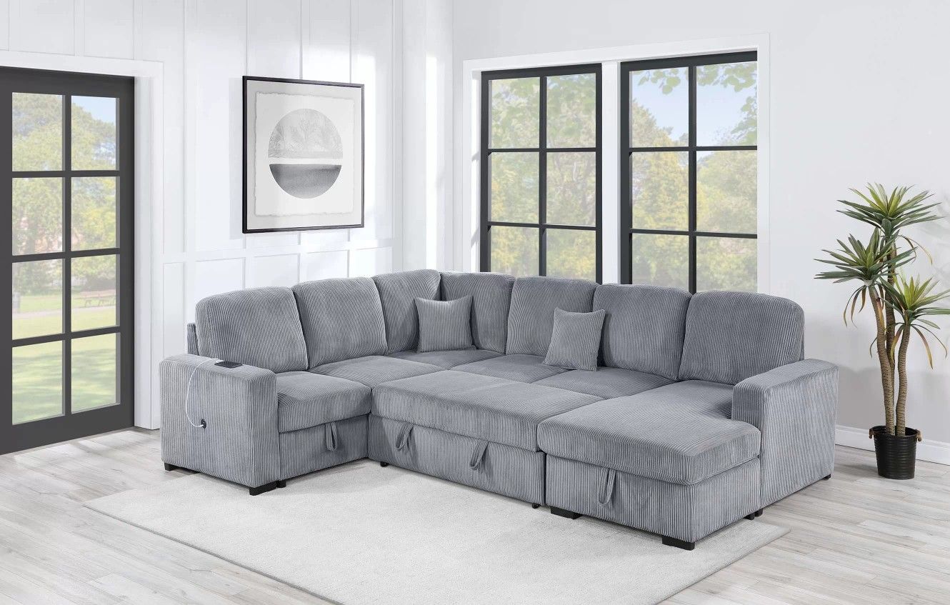 Brand New Grey Corduroy Sectional Sofa Storage Sleeper