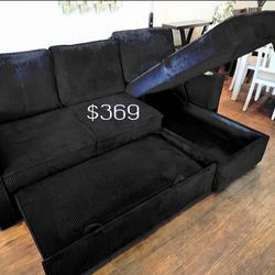 2-pc Sectional Sofa With Pull-out Bed & Storage Black Corduroy 