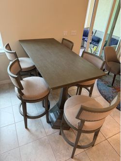Counter Height Dining Table Set with 6 Swivel Chairs – Beautiful Gray Wood Finish