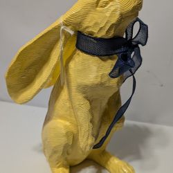 14 Inch Hand-Carved Yellow Wooden Rabbit Statue With Bow Home Decor Accent Piece