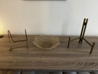 2 Gold Easel Display Stands And Gold Bowl