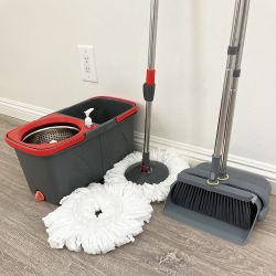 $30 (NEW) Broom Dustpan and Spin Mop Combo Set, Extended Handle w/ 2pc Microfiber Replacements 