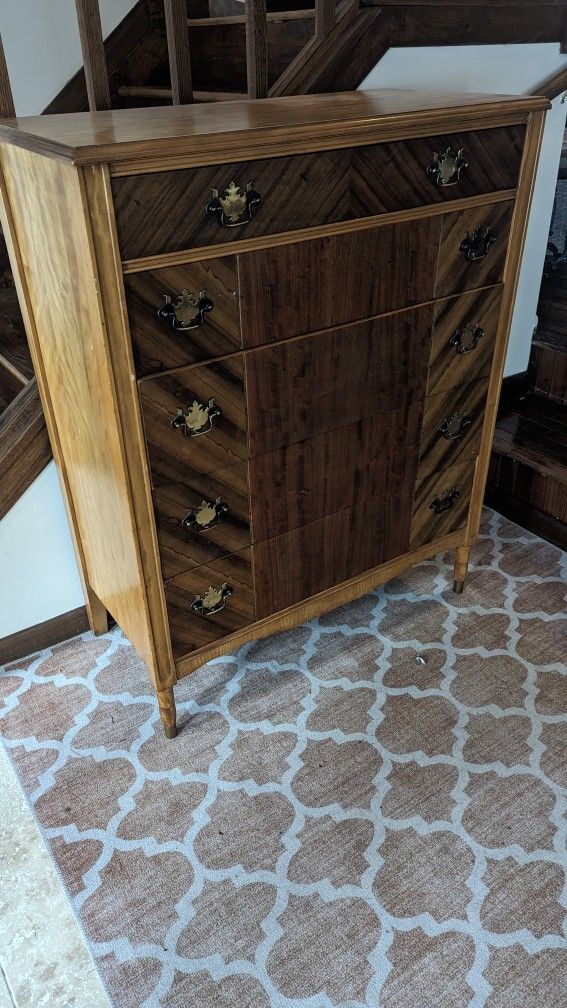 Solid Wood Antique Dresser With Brass Accents - 5 Drawers