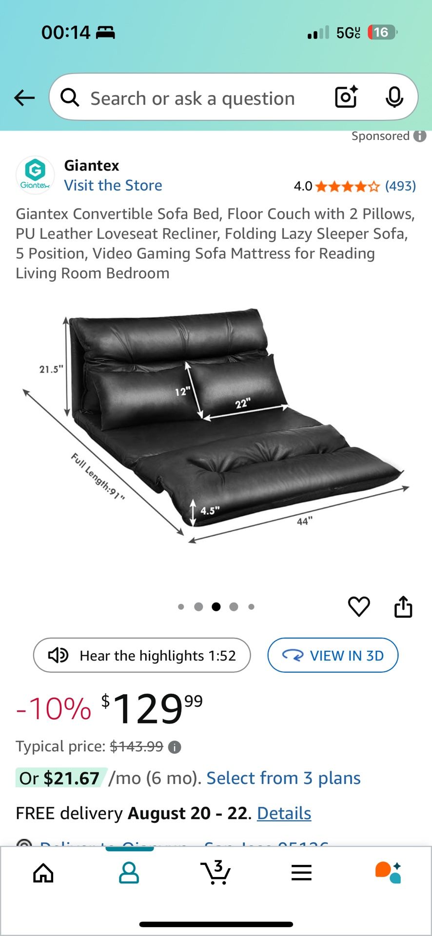 Moving Sale - Convertible Sofa Bed, Floor Couch PU Leather Loveseat Recliner, Folding lazy sofa