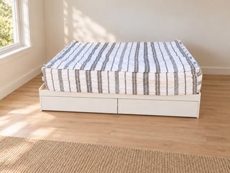 Bed frame with drawers , mattress and bedding