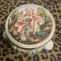 Vintage Capodimonte Italy Footed Covered Bowl With Women Looking At Flowers