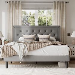 Queen Size Hegg Linen Tufted Upholstered Platform Bed with Wood Slats Headboard Included