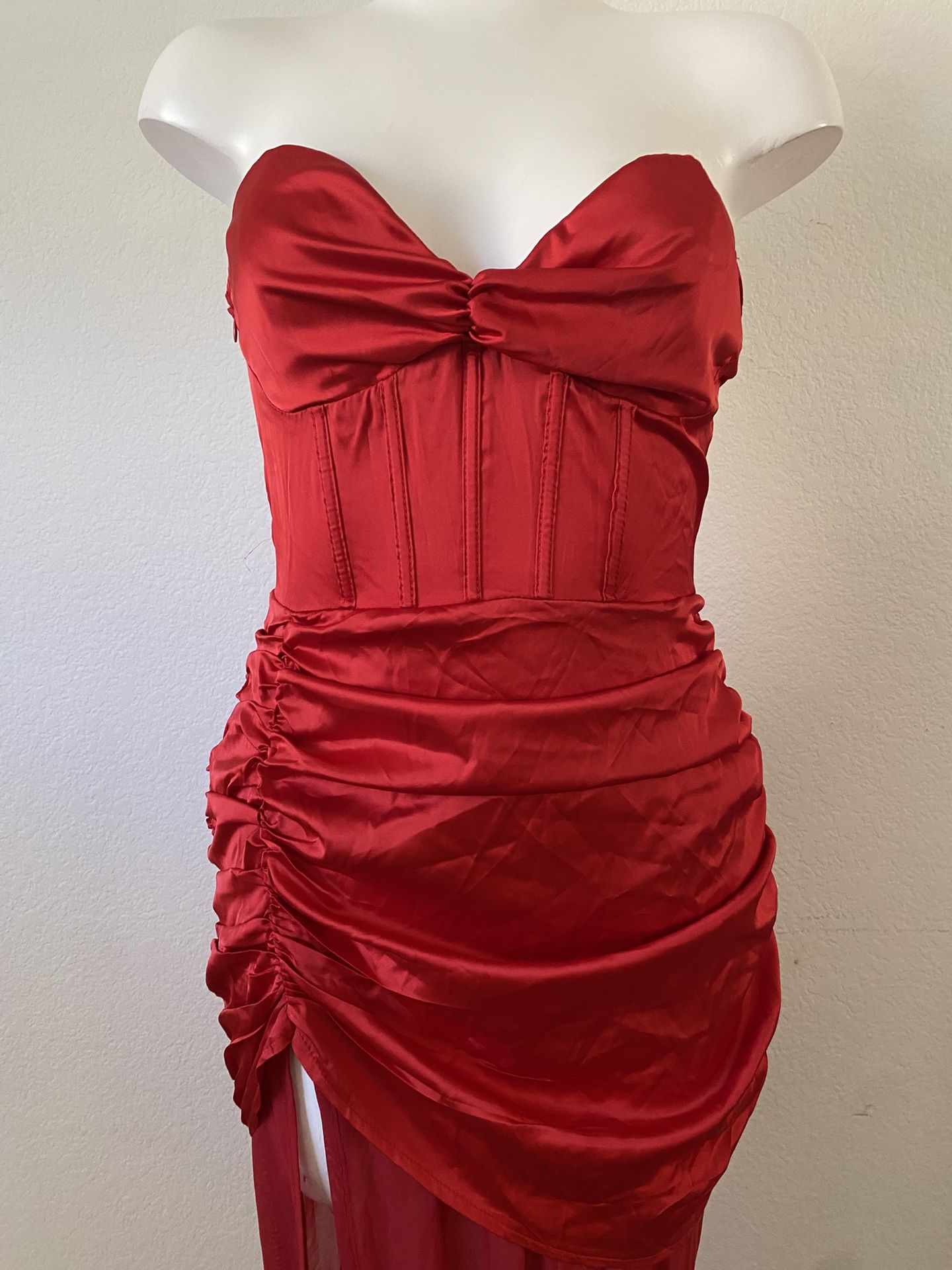 Red satin corseted mesh side split dress