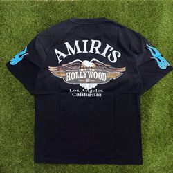 AMIRI Black T-Shirt with Blue Flames and Eagle Design