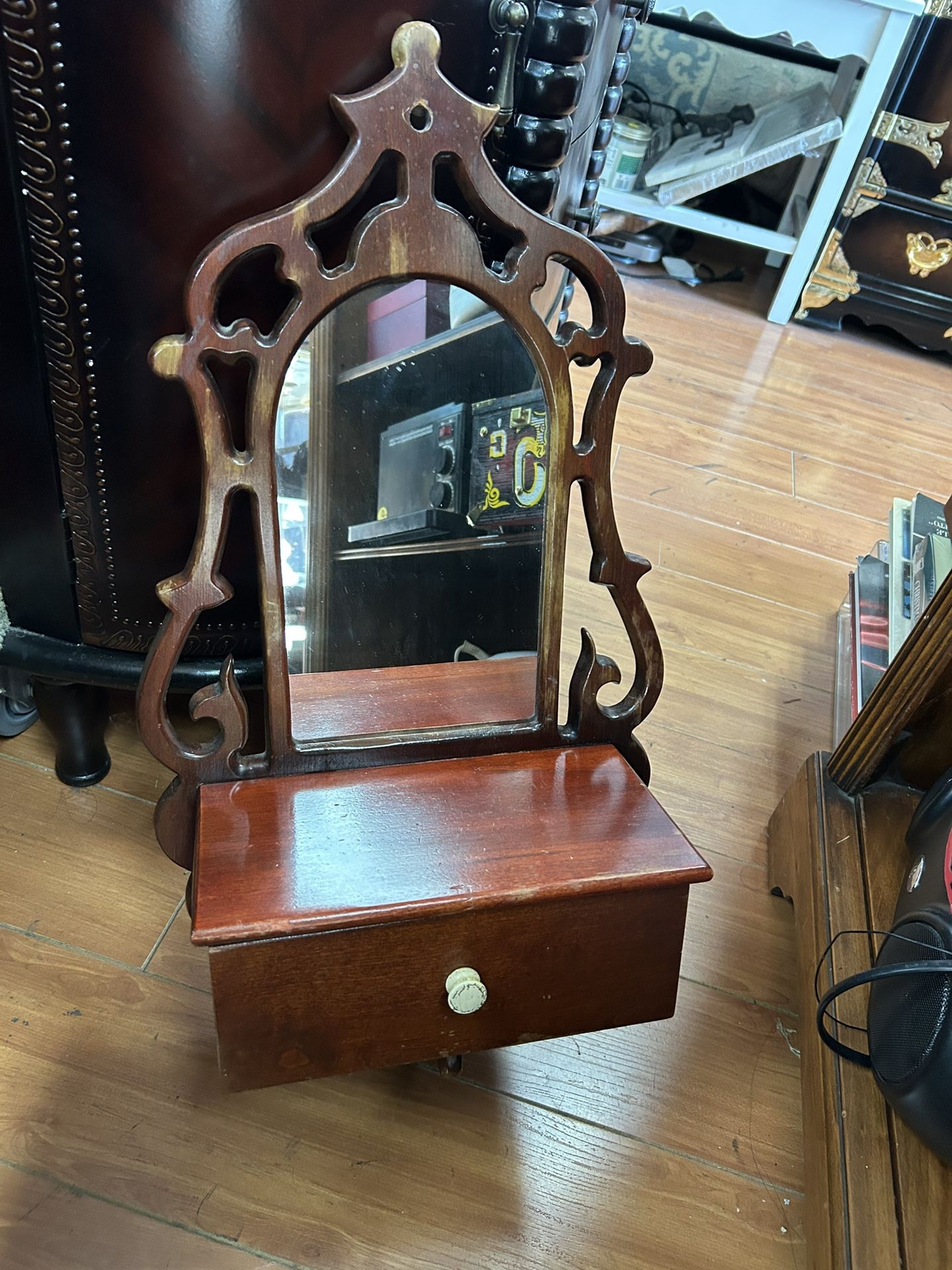 Antique Wooden Dresser Vanity Shaving Mirror with a Single Drawer