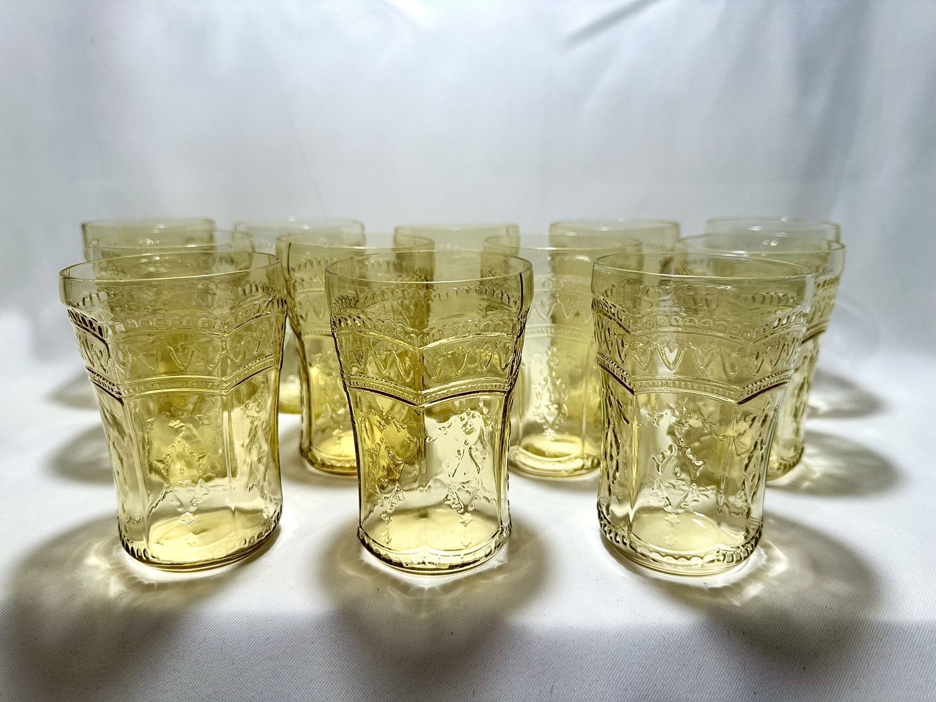 Set Of 12 Patrician Spoke Amber Depression Glass 4.25”, 9oz Tumblers