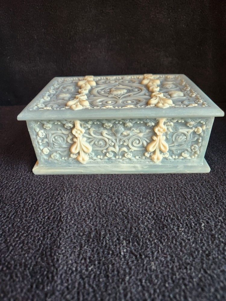Incolay Stone Hinged Jewelry Box Trinket Scroll Floral Vintage USA Embellished