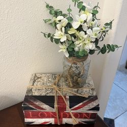 Mason Jar Floral Arrangement And Patriotic Faux Book Stack 