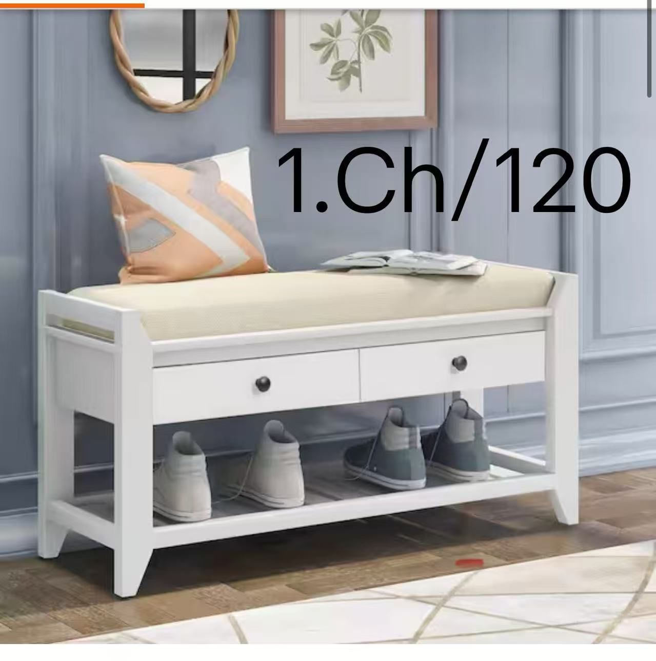 White Storage Dining Bench with Cushioned Seat, Drawers and Shoe Rack 19.8 in. H x 39 in. W x 14 in.