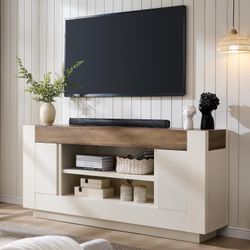 70" Modern TV Stand, Entertainment Center for TVs Up to 80", Media Console with Open Storage & Side Cabinets, Thick Wood TV Consoles