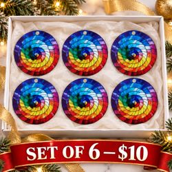 Rainbow Spiral Mosaic Christmas Ornaments Set of 6