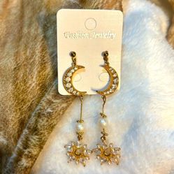 Gold Plated Dangle Moon with CZ Earrings