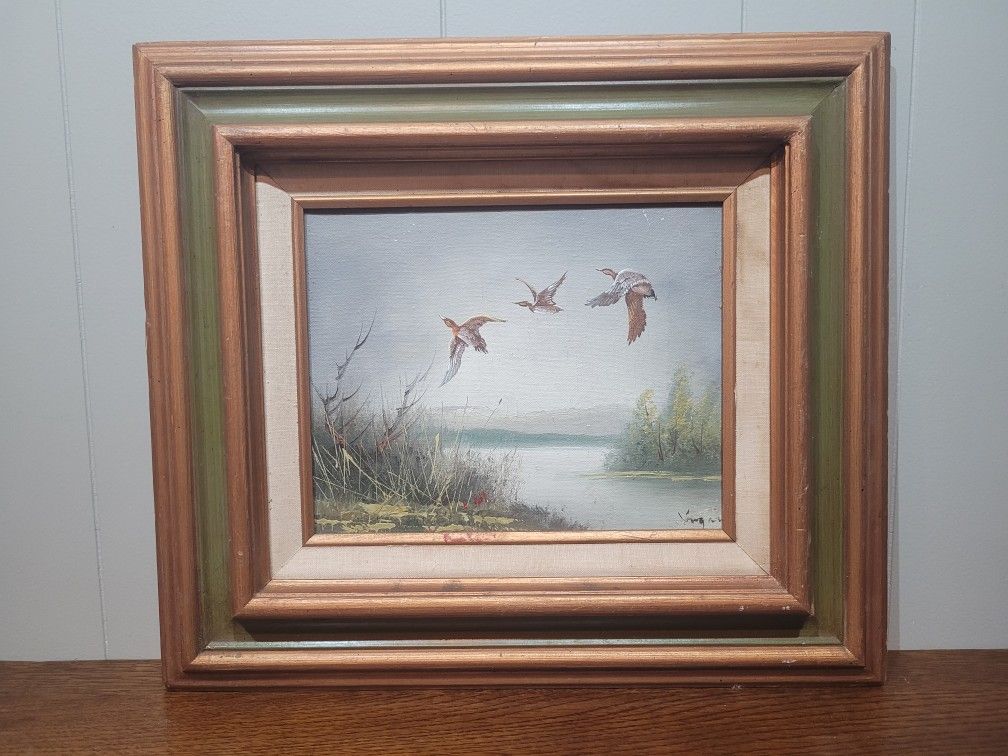Signed Oil Painting, Duck Flying