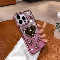 Luxury Sparkly Pink Glitter Phone Case with Heart Mirror & Rhinestone Charms – For iPhone 16 Pro Max