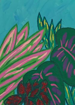 Tropical Leaves, Original Acrylic Painting, 5 x 7, Signed