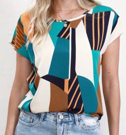 Geometric Print Crew Neck Blouse, Casual Short Sleeve Blouse For Spring & Summer, Size Medium New Never Used