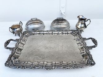 Silver plated serving tray and vintage pitcher and bread molds