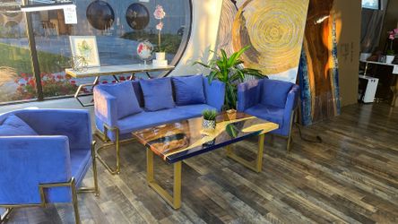 Siting Area Furniture: Bench, Coffee Table, 2 Armchairs, Entrance Table, Chandelier   