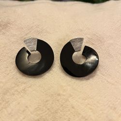 Buffalo Horn Button Earrings with Silver Accent 80's Style