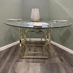 Barbosa 60 in. Modern Round Glass Dining Table, Gold